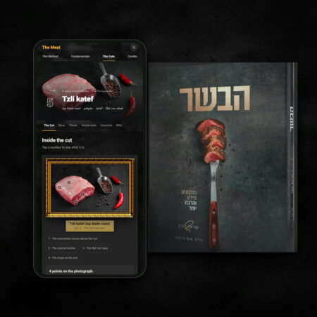 The Meat, the digital edition in English, open on a phone next to the printed book